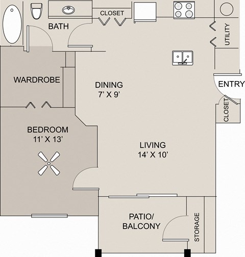 Floor plan for 1 bed, 1 bath, 700 sqft