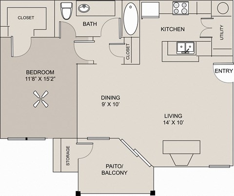 Floor plan for 1 bed, 1 bath, 803 sqft
