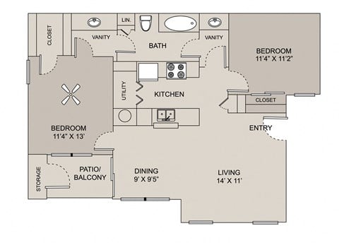 Floor plan for 2 beds, 1 bath, 895 sqft