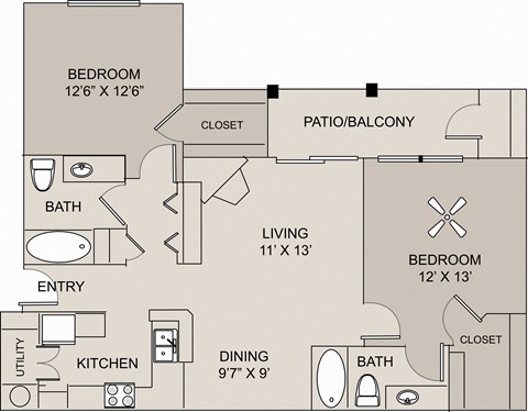 Floor plan for 2 beds, 2 baths, 1033 sqft