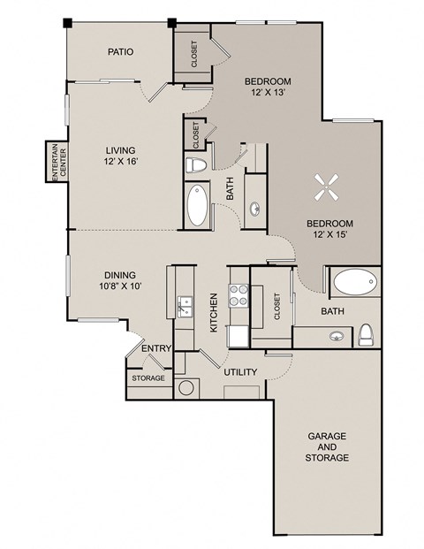 Floor plan for 2 beds, 2 baths, 1112 sqft