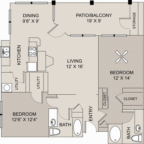 Floor plan for 2 beds, 2 baths, 1174 sqft