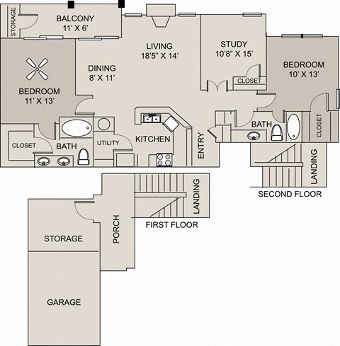 Floor plan for 3 beds, 2 baths, 1291 sqft