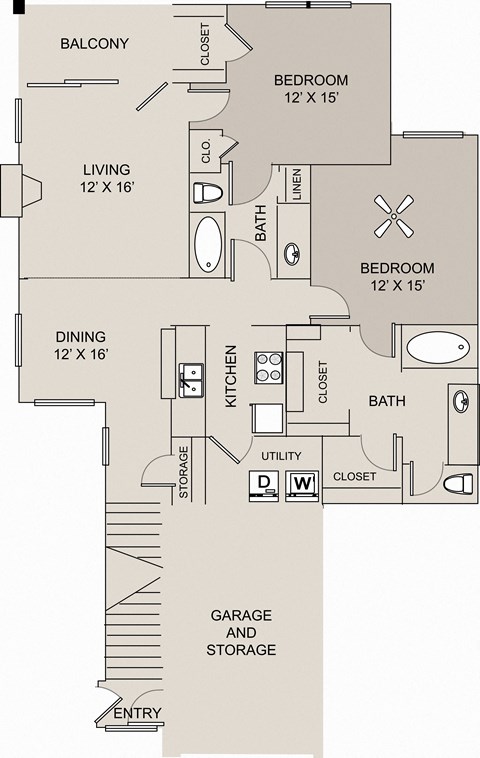 Floor plan for 2 beds, 2 baths, 1252 sqft