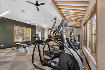 The gym has plenty of exercise equipment and windows