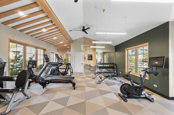 A gym with treadmills and other exercise equipment and windows