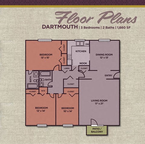 Floor plan for 3 beds, 2 baths, 1660 sqft