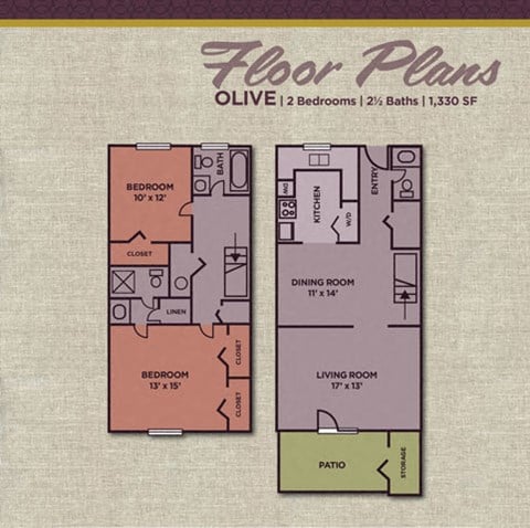 Floor plan for 2 beds, 2.5 baths, 1330 sqft