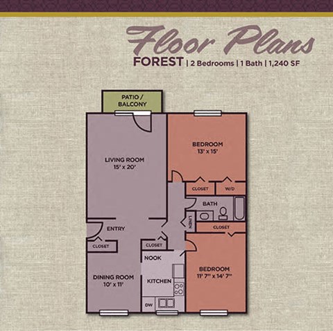 Floor plan for 2 beds, 1 bath, 1240 sqft