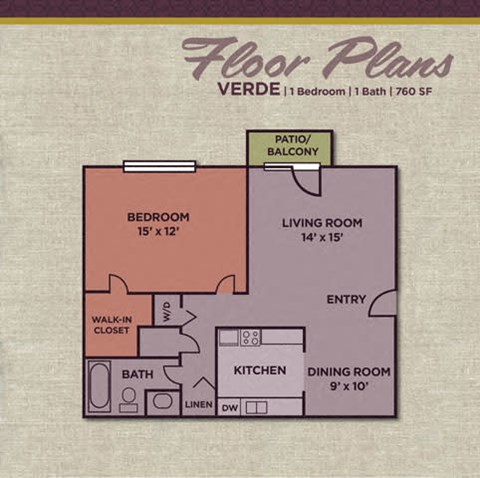 Floor plan for 1 bed, 1 bath, 760 sqft