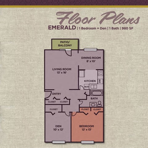 Floor plan for 1 bed, 1 bath, 980 sqft