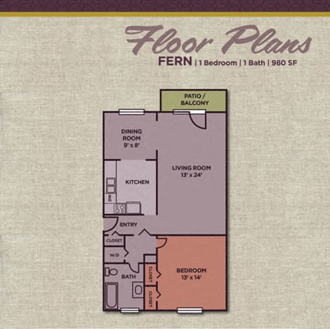 Floor plan for 1 bed, 1 bath, 980 sqft