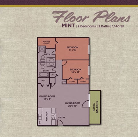 Floor plan for 2 beds, 2 baths, 1140 sqft