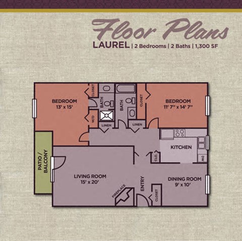 Floor plan for 2 beds, 2 baths, 1300 sqft