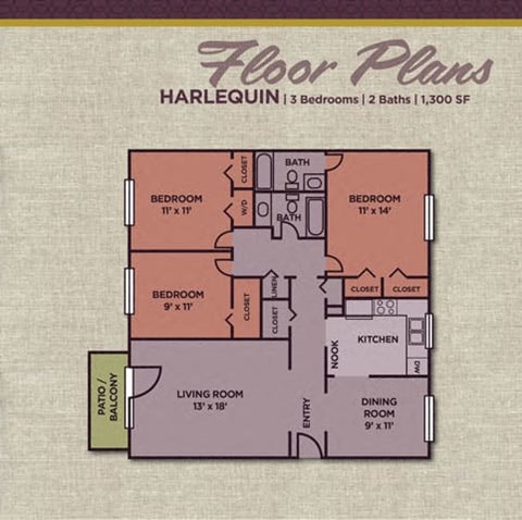 Floor plan for 3 beds, 2 baths, 1300 sqft