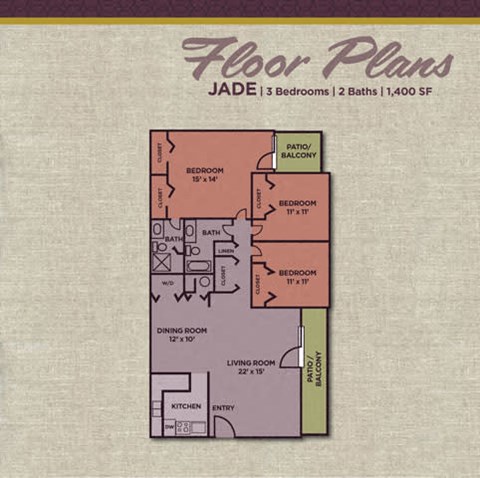Floor plan for 3 beds, 2 baths, 1400 sqft