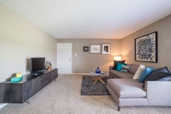 A living room with a grey couch, a wooden entertainment unit, and a rug.