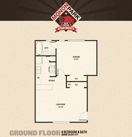 Floor plan for 1 bed, 1 bath, 600 sqft