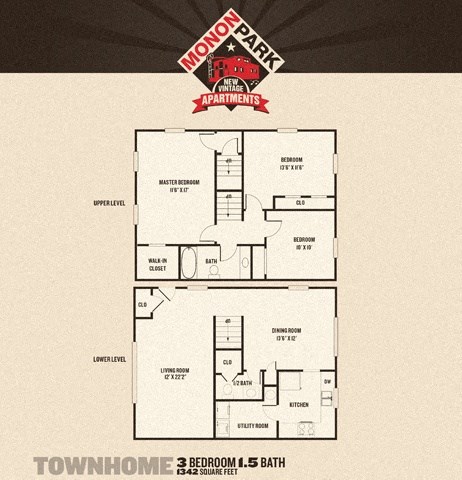 Floor plan for 3 beds, 2 baths, 1342 sqft