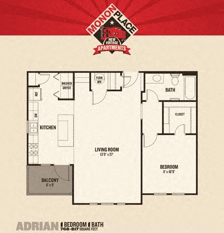 Floor plan for 1 bed, 1 bath, 817 sqft