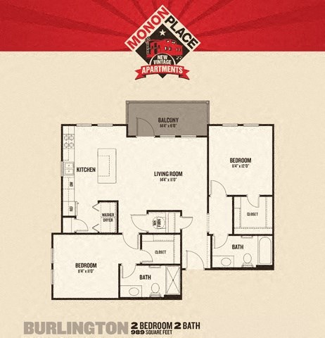 Floor plan for 2 beds, 2 baths, 1038 sqft
