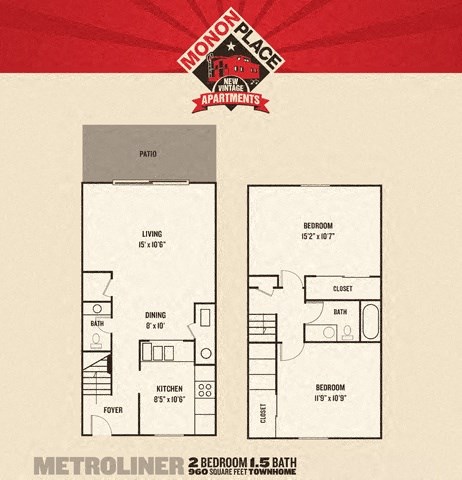 Floor plan for 2 beds, 1.5 baths, 1088 sqft