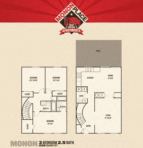 Floor plan for 3 beds, 2.5 baths, 1320 sqft