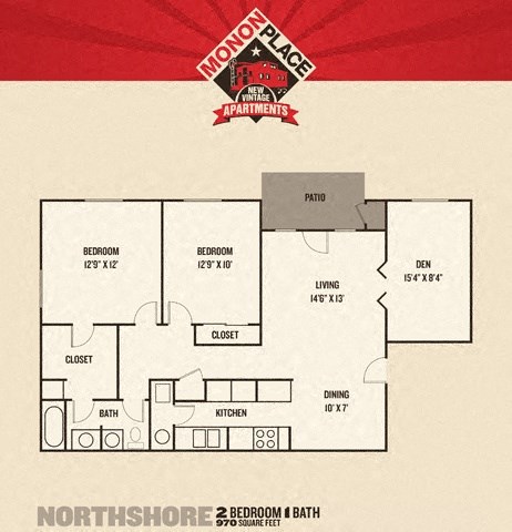 Floor plan for 2 beds, 1 bath, 970 sqft