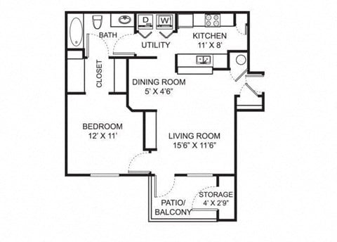 Floor plan for 1 bed, 1 bath, 676 sqft