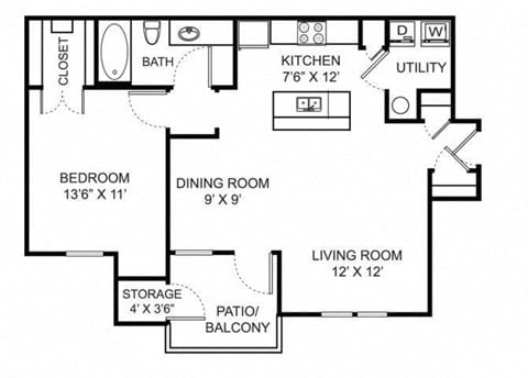 Floor plan for 1 bed, 1 bath, 769 sqft