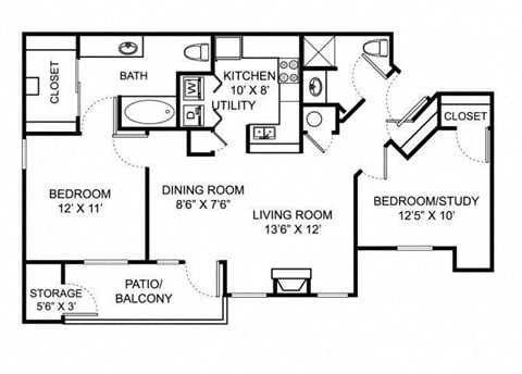 Floor plan for 2 beds, 2 baths, 933 sqft