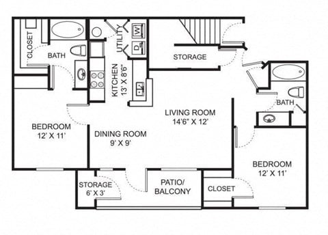 Floor plan for 2 beds, 2 baths, 966 sqft