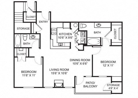 Floor plan for 2 beds, 2 baths, 1024 sqft