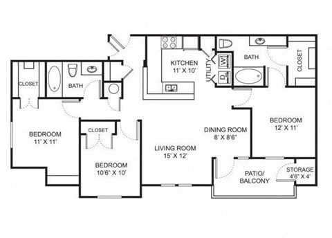 Floor plan for 3 beds, 2 baths, 1204 sqft