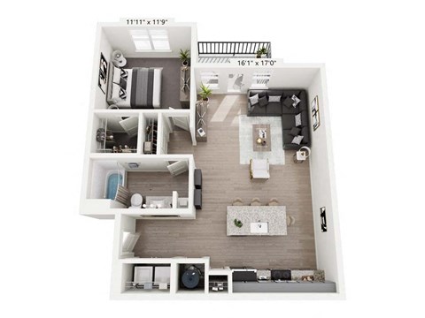 Floor plan for 1 bed, 1 bath, 860 sqft