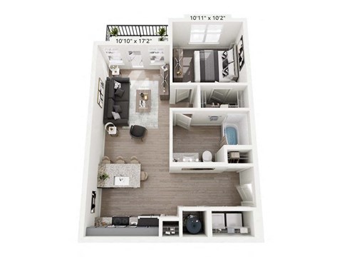 Floor plan for 1 bed, 1 bath, 698 sqft