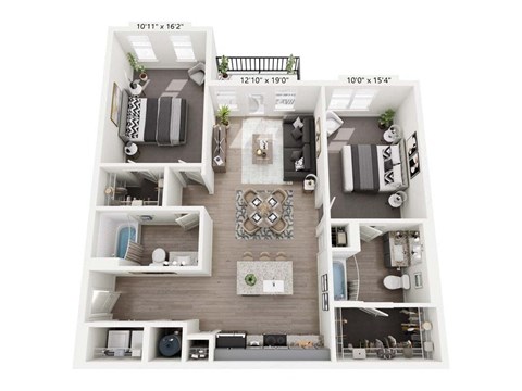 Floor plan for 2 beds, 2 baths, 1136 sqft