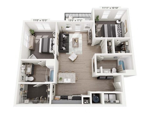 Floor plan for 2 beds, 2 baths, 1074 sqft