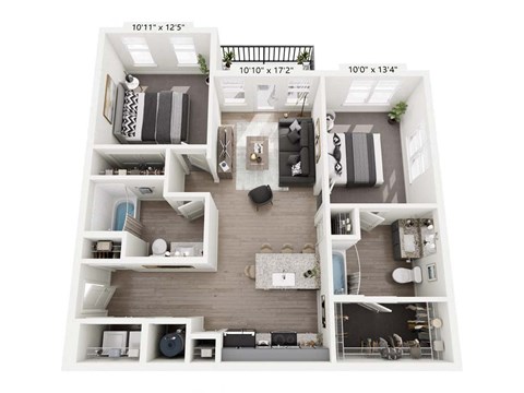 Floor plan for 2 beds, 2 baths, 991 sqft
