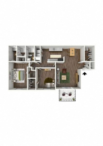 Floor plan for 2 beds, 2 baths, 1250 sqft