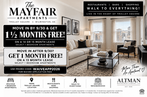 Wilmington apartment for rent - An advertisement for The Mayfair Apartments in Wilmington, DE, offering a free 1 1/2 months stay for new residents who move in by September 30th.