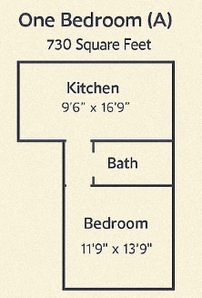 Floor plan for 1 bed, 1 bath, 990 sqft
