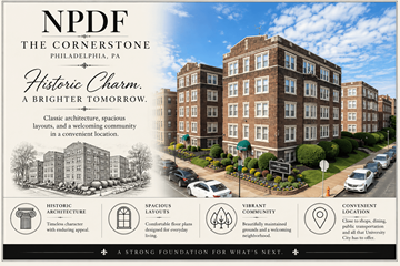 Philadelphia apartment for rent - A poster advertises The Cornerstone in Philadelphia, PA, highlighting its historic charm, spacious layouts, vibrant community, and convenient location.