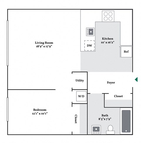 Floor plan for 1 bed, 1 bath, 750 sqft