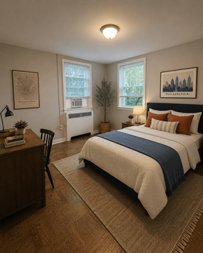 Bryn Mawr apartment for rent - A bedroom with a bed, a chair, a nightstand, and a window.