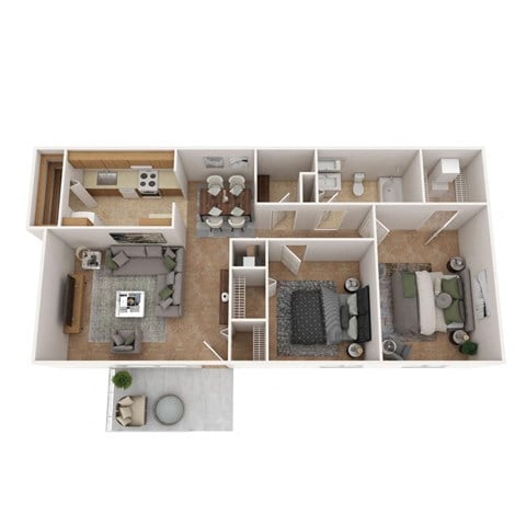 Floor plan for 2 beds, 1 bath, 847 sqft