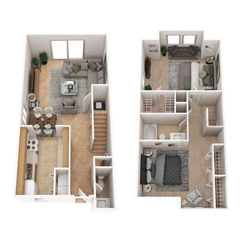Floor plan for 2 beds, 1.5 baths, 1074 sqft