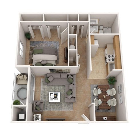 Floor plan for 1 bed, 1 bath, 768 sqft