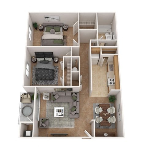 Floor plan for 2 beds, 1 bath, 974 sqft