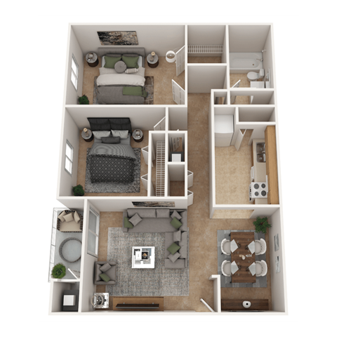 Floor plan for 2 beds, 1 bath, 974 sqft